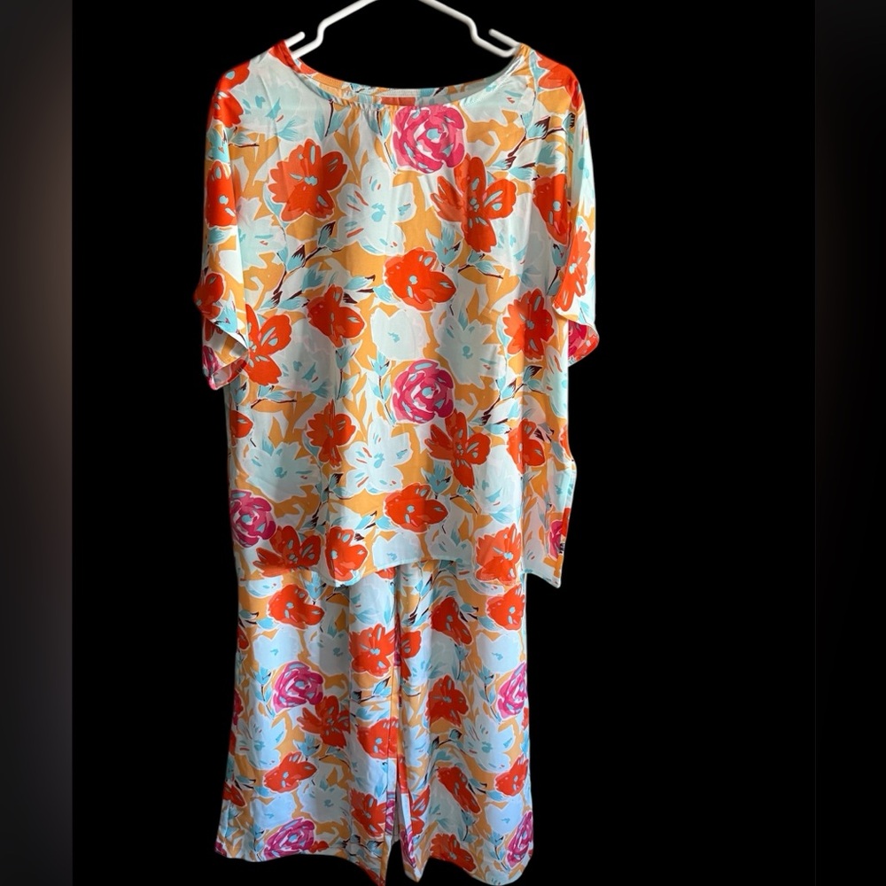 Floral Two-Piece Lounge Set - Orange & Pink Floral